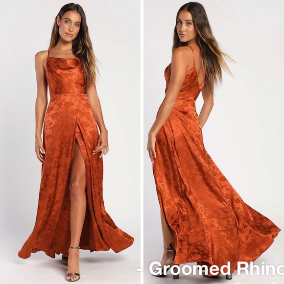Lulus Dresses & Skirts - Lulus Simply Dreamy Rust Satin Floral Jacquard Maxi Dress Size XL